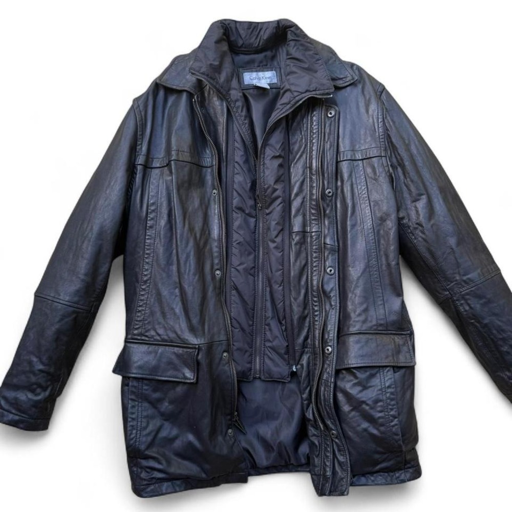 Calvin‎ Klein Black Leather Jacket Mens Size Small Removable Inner Bib